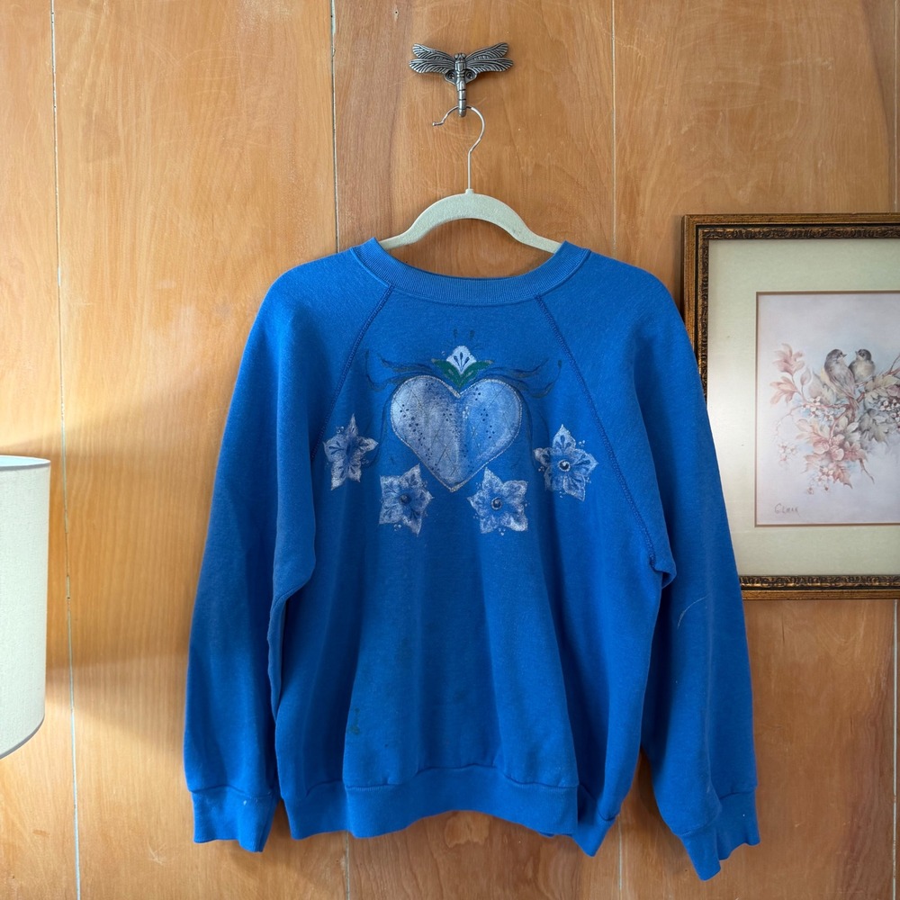 Vintage Tultex Blue‎ Raglan Sweatshirt Folk Art Heart Flower Painted XL USA Made